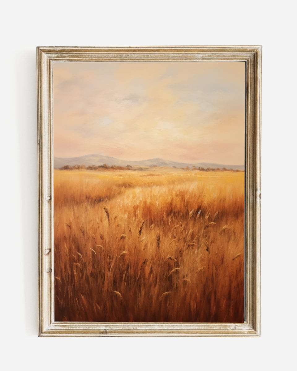 Vintage Wheat Field in Autumn with Mountains Oil Painting, Farmhouse Wheat Field Landscape | Wall Art | Digital Download