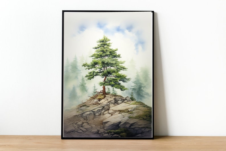 May include: A watercolor painting of a single pine tree standing on a rocky cliff. The tree is green and the rocks are gray. The background is a misty forest with a blue sky.