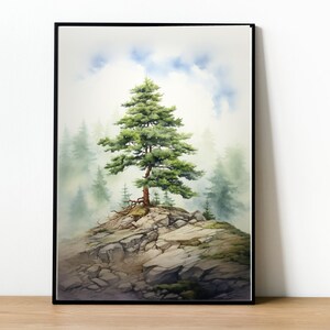 May include: A watercolor painting of a single pine tree on a rocky cliff, surrounded by a misty forest. The sky is a soft blue with white clouds.