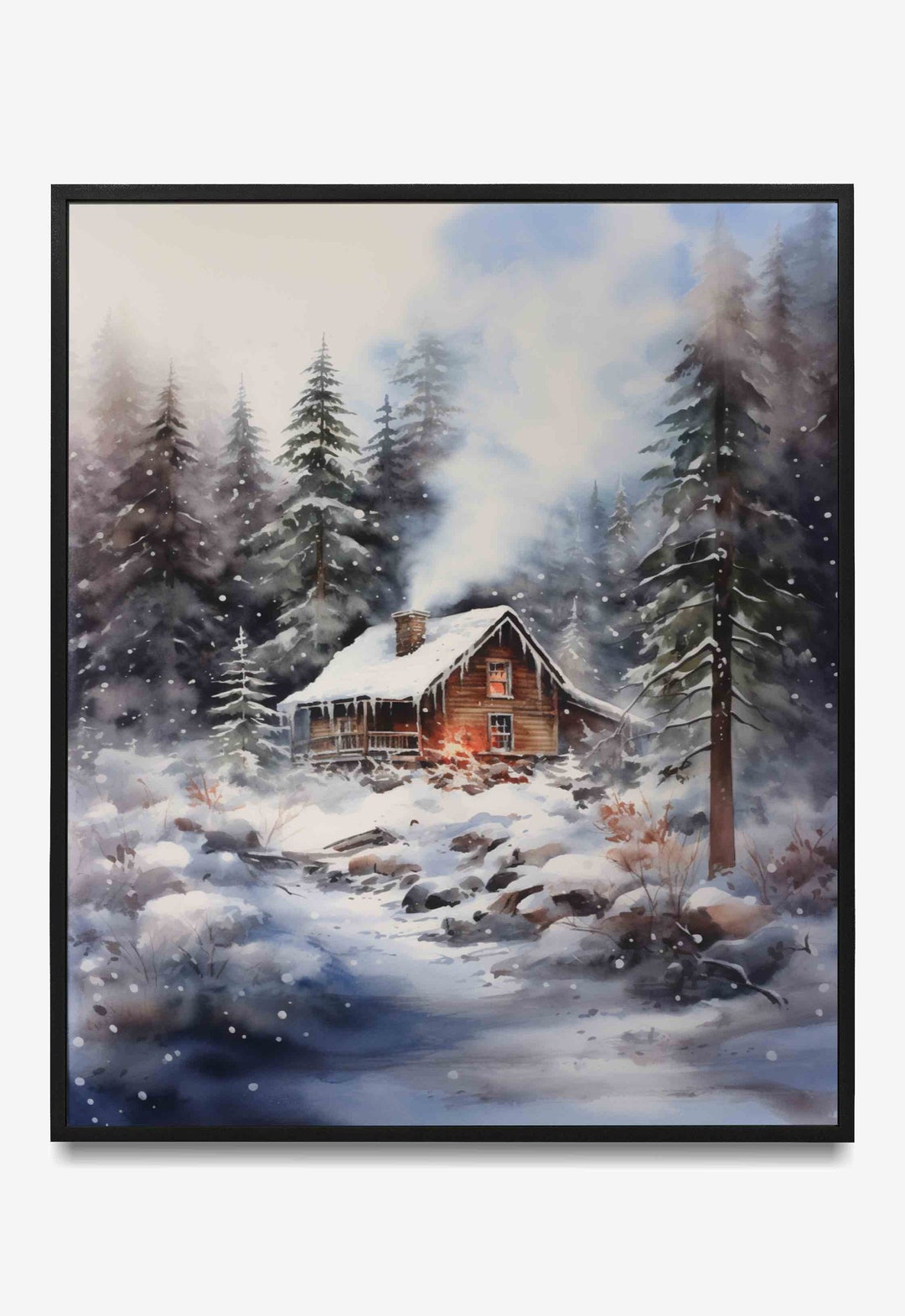 Snow Covered Log Cabin Print in Watercolor, Winter Forest at Night ...