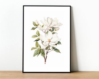 Watercolor Magnolia Print | Magnolia Art | Magnolia Printable | White Flower Printable Art | Magnolia Bloom Art |Watercolor White Flower Art