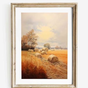 Fall Watercolor Hay Field Painting | Wall Art | Digital Download