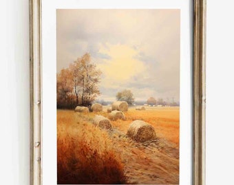 Fall Watercolor Hay Field Painting | Wall Art | Digital Download