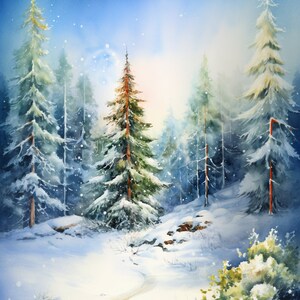 Snow Covered Pine Tree in Forest Watercolor Painting, Northern Light ...