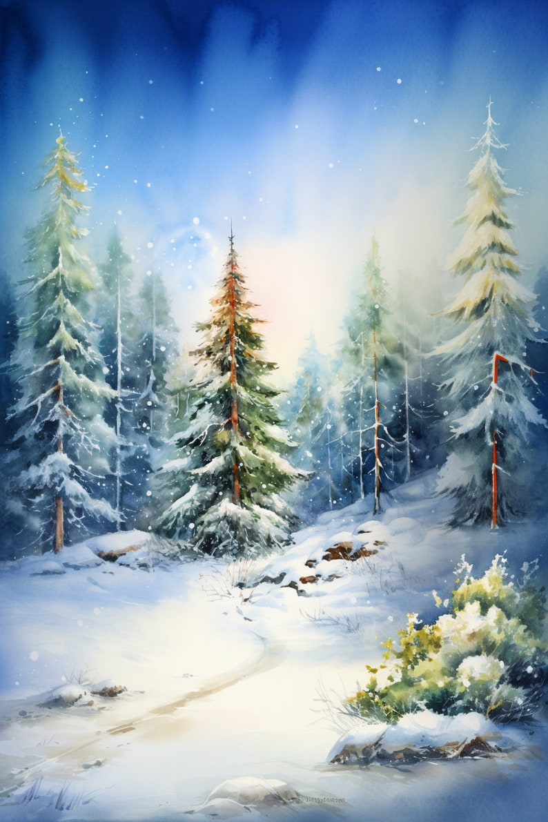 Snow Covered Pine Tree in Forest Watercolor Painting, Northern Light ...