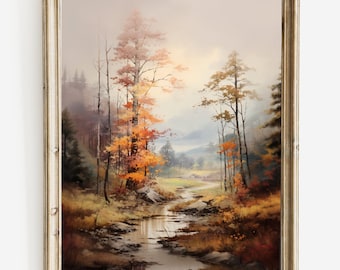 Fall Landscape with Stream Painting, Vintage Print, Autumn Landscape, Decorative Printable Wall Art | Wall Art | Digital Download