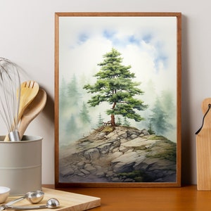 May include: A watercolor painting of a lone pine tree on a rocky cliff, surrounded by fog. The painting is framed in a light brown wood frame.