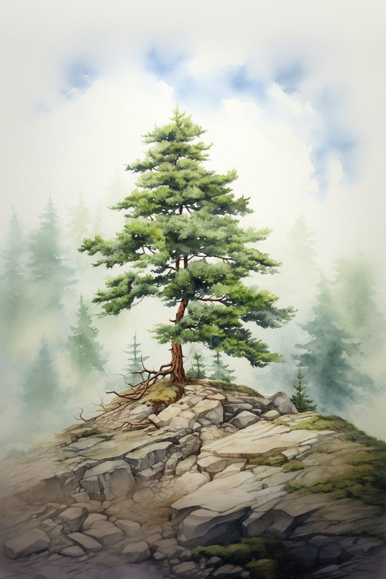 May include: A single pine tree stands tall on a rocky cliff, surrounded by a misty forest. The tree's branches reach out towards the sky, and its roots are visible on the cliff face. The scene is painted in watercolor, with soft, muted colors.