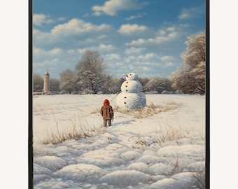 Scène d’hiver fantaisiste : Bonhomme de neige dans une peinture de prairie ouverte, décoration rustique, hiver classique | Art mural | Téléchargement numérique | Affiche