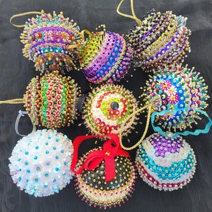 GET ALL 9 Sequin & Bead Handmade Ornaments Decor Gift Holiday Tree Table Christmas