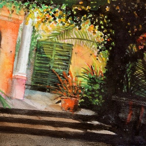 May include: Watercolor painting of a building with a terracotta facade, a green shuttered window, and a potted plant. The building is surrounded by lush greenery and a set of stairs leads up to the entrance.