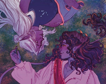 Worlds Apart Art Print || Fantasy DnD Illustration: Elf and Tiefling Queer Couple