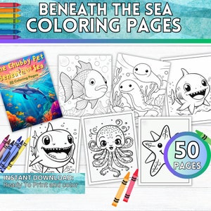 Beneath the Sea Digital Coloring Book, 50 Pages, Instant Download, Kids and Adults Ocean-Themed Activity