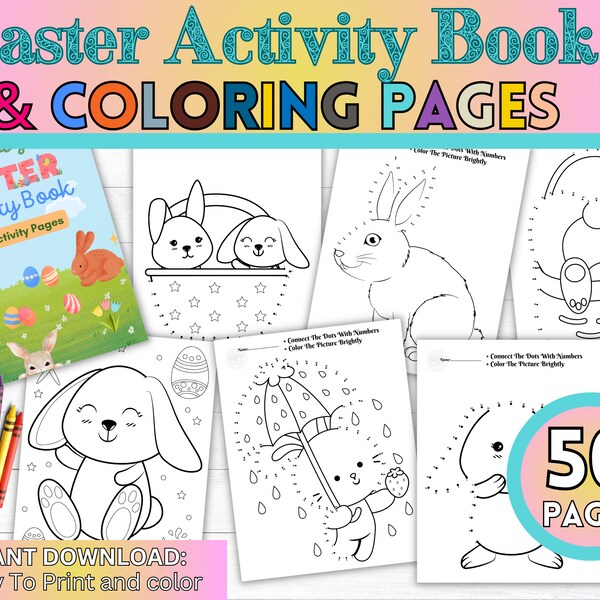 Easter Activity Book and Coloring Pages, Instant Download, 50 Printable PDF Pages for Kids