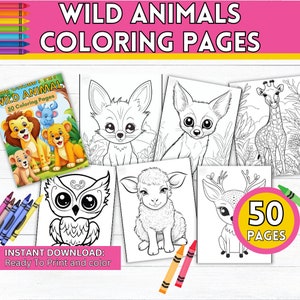 Wild Animals Coloring Pages, Instant Download, Kids Activity, 50 Page Set, Educational Fun, Print at Home