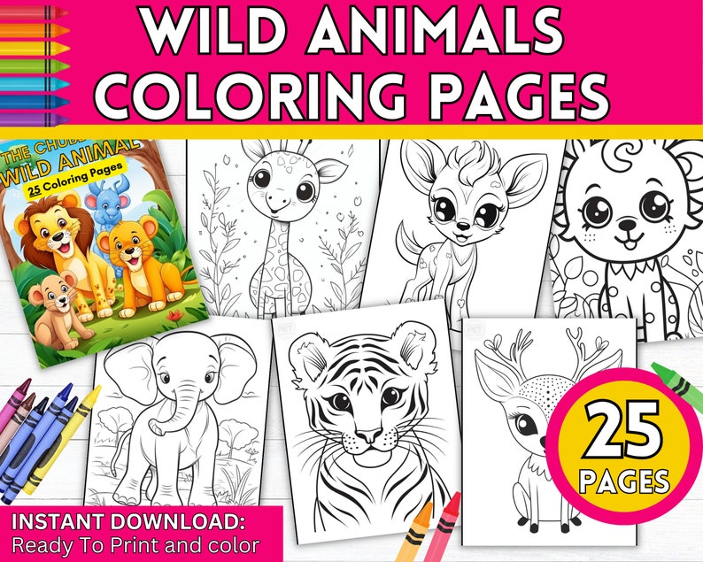 Wild Animals Coloring Book Printable, 25 Page Kids Activity, Instant