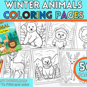 Winter Animals Coloring Pages Printable, 50 Unique Sheets, Kids Activity, Home School, Art Therapy, Instant Download, DIY Craft