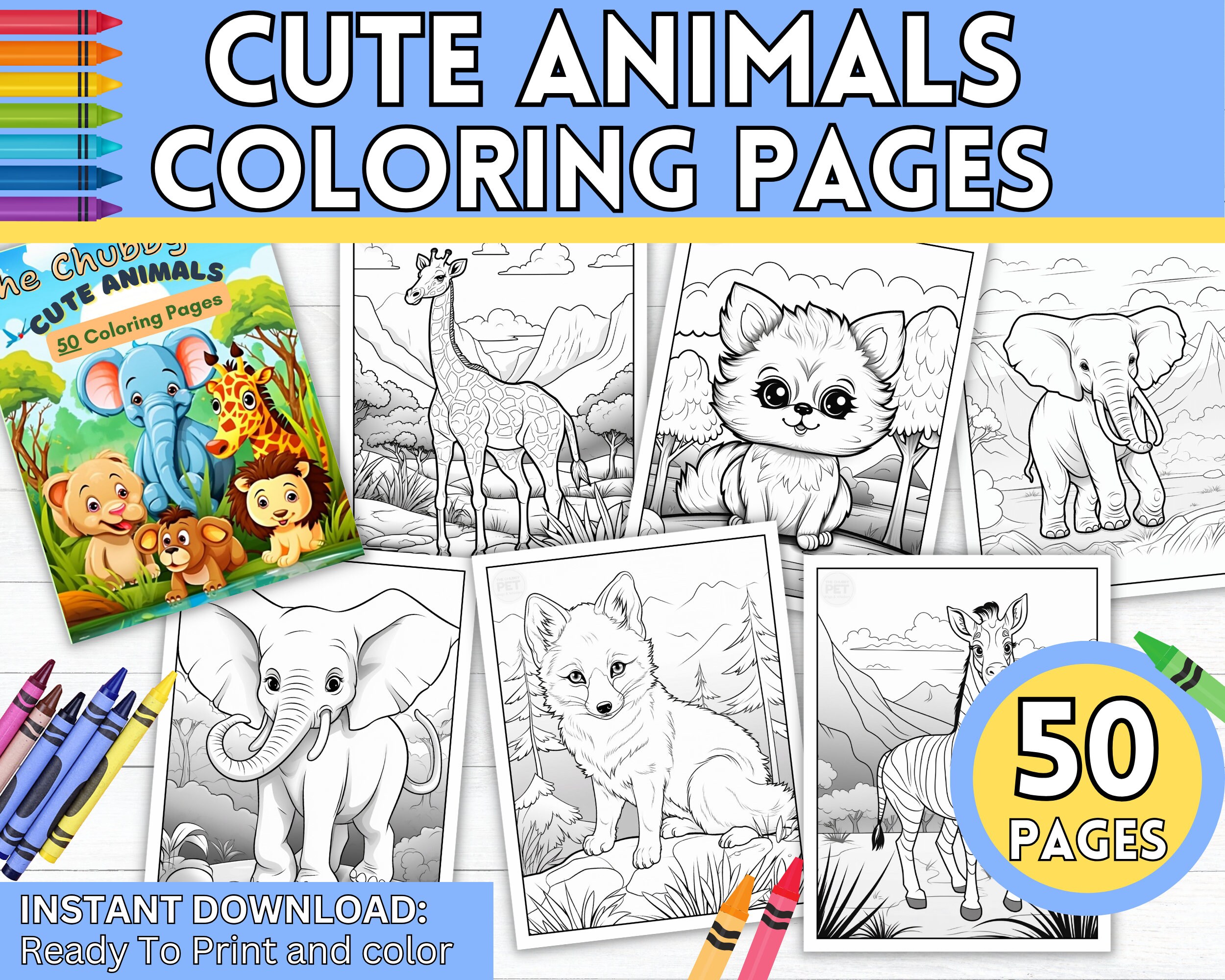 Printable Cute Animals Coloring Pages, Kids Activity, Instant Download ...