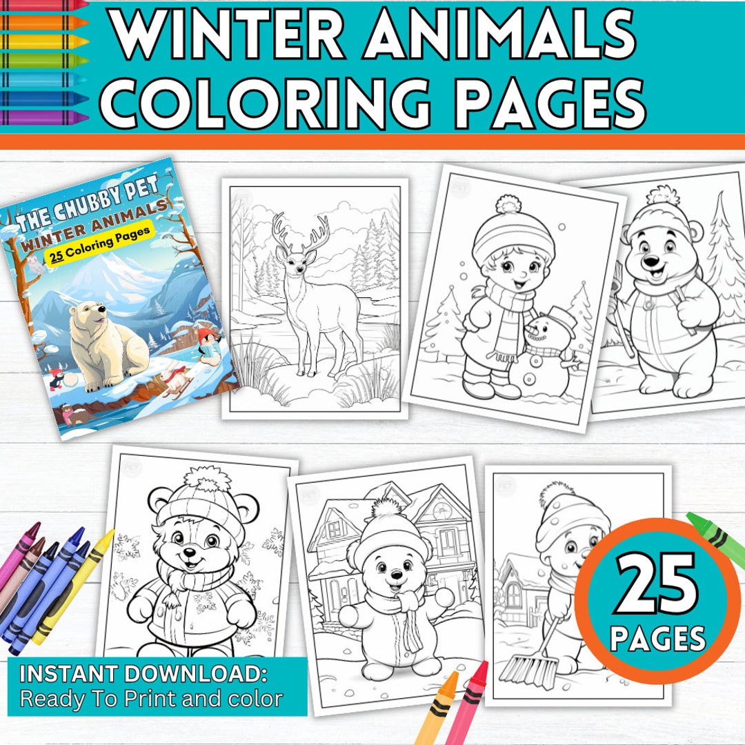 Winter Animals Coloring Pages, Printable Kids Activity, Instant ...