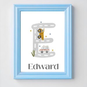 Personalised Road Initial Name Print | Custom Kids Wall Art | Car & Train Letter Art for Children | Nursery Digital Download