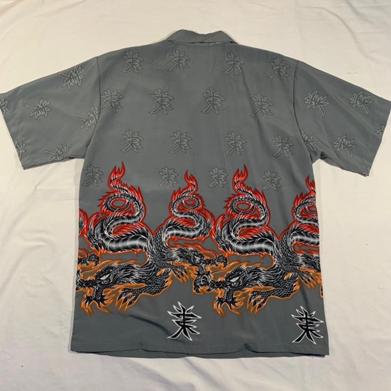 Vintage 90s / 2000s Y2k Grey Tribal Dragon Flame Fire Button up