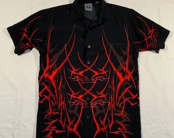 vintage 90s / 2000s y2k SUPER SICKK black and red tribal all over print button up shirt size xs