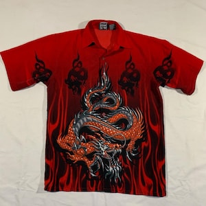 Buy 90s / 2000s Y2k Blue Tribal Dragon All Over Print Button up 