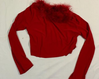 red fuzzy furry long sleeve crop top size large