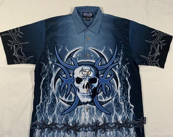 vintage 90s / 2000s skull biohazard lightning tribal all over print button up shirt size xl