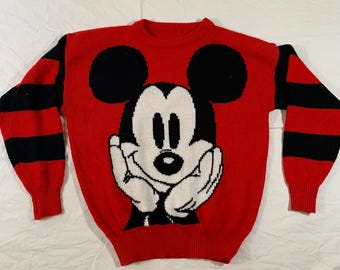 true vintage 90s mickey mouse red and black striped knit sweater size xl
