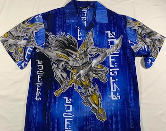 Camisa vintage dos anos 90/2000 y2k gundam mech tipo estampa completa com botões tamanho xl