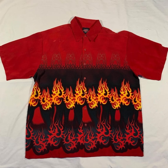 Vintage 90s / 2000s Y2k Tribal Flame Fire All Over Print Button up