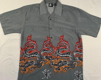 Vintage 90s / 2000s Y2k Grey Tribal Dragon Flame Fire Button up