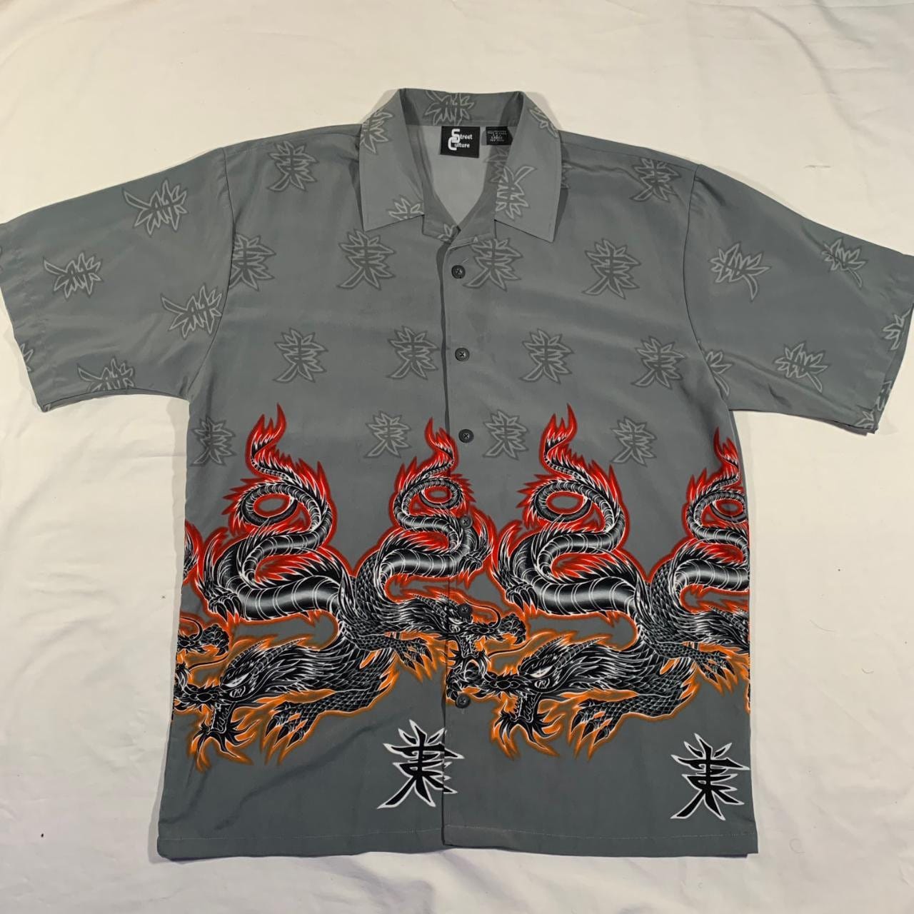 Vintage 90s / 2000s Y2k Grey Tribal Dragon Flame Fire Button up