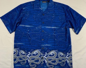 90s / 2000s y2k blue tribal dragon all over print button up shirt size L