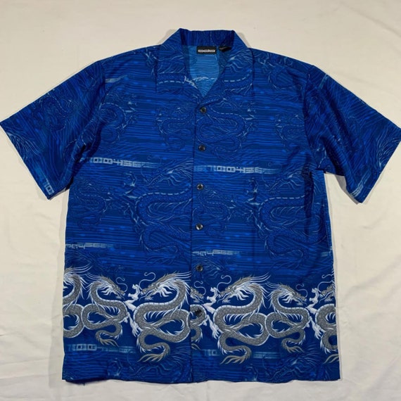 Buy 90s / 2000s Y2k Blue Tribal Dragon All Over Print Button up 
