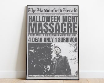 Michael Myers 1978 Halloween Night Massacre Newspaper Poster Haddonfield Herald Horror Movie Digital Download Horror Wall Prints Art Decor