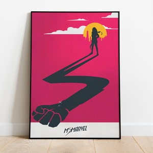 May include: A pink poster featuring a black silhouette of a woman standing on a road with a fist at the bottom. The text "Ms. Marvel" is at the bottom of the poster.