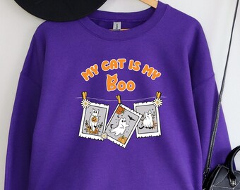 Halloween Cat Ghost Sweatshirt, Black Cat Sweatshirt, Halloween Cat Shirt, Cat lover Shirt, Ghost Cat Shirt, Halloween Cat