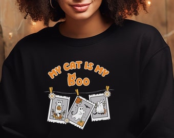 Halloween Cat Ghost Sweatshirt, Black Cat Sweatshirt, Halloween Cat Shirt, Cat lover Shirt, Ghost Cat Shirt, Halloween Cat