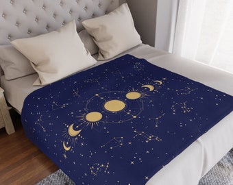 Celestial Constellation Moon Phase Zodiac Blanket, Whimsical Astronomy Blanket, Horoscope Astrology Gift, Aries,Taurus, Gemini, Leo, Virgo