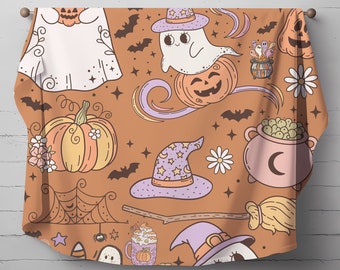 Retro Halloween Pumpkin Blanket, Halloween Blanket, Ghost Blanket, Witchy Blanket, Fall Throw Blanket, Halloween Throw Blanket