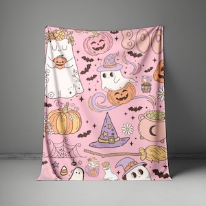 Retro Pink Halloween Pumpkin Blanket, Halloween Blanket, Witchy Blanket, Fall Throw Blanket, Halloween Throw Blanket, Halloween Pink Blanket
