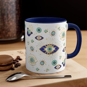 Evil Eye Hamsa Protection Mug, Spiritual Gifts for Women, Aesthetic Evil Eye Cup, Spiritual Evil Eye Coffee Mug, Hamsa Hand of Mary