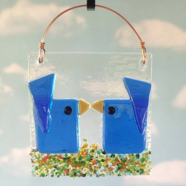 Pair of Blue Kissing Birds Suncatcher