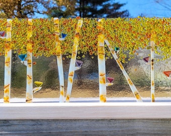 Treetops Quaking Aspen Fused Glass Panel in Oak Stand