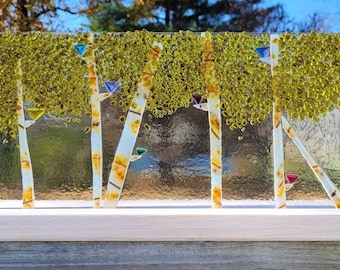 Treetops- Birch Fused Glass Panel in Oak Stand