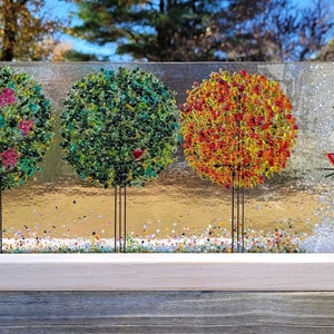 Four Seasons Fused Glass Panel in an Oak Stand