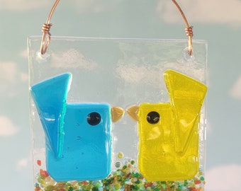 Aqua and Yellow Kissing Birds Suncatcher