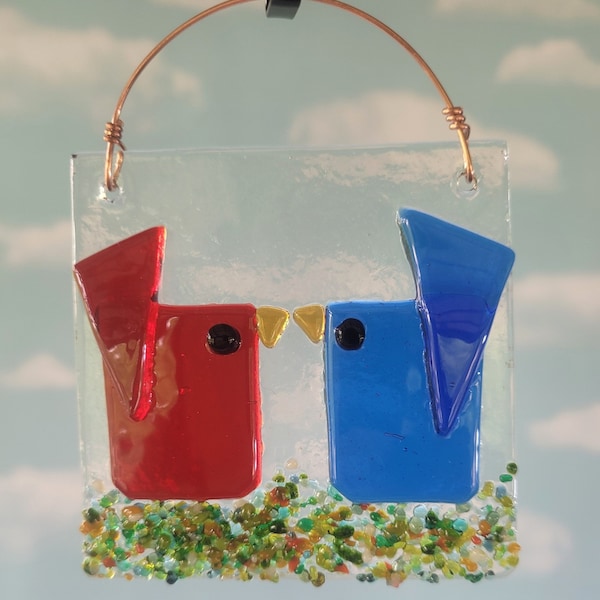 Red and Blue Kissing Birds Suncatcher